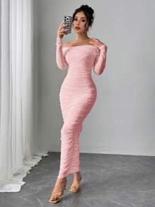 Firerie 女士优雅白色露肩珍珠装饰褶饰修身长裙，适合派对、约会或情人节的浪漫装扮 - 粉色 - 查看 7