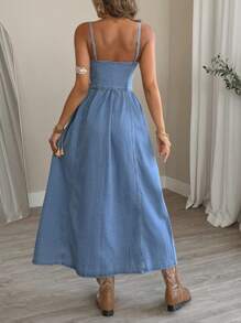 Women's Summer Spaghetti Strap Buttoned Denim Dress Vacation - Medium Wash - View 3