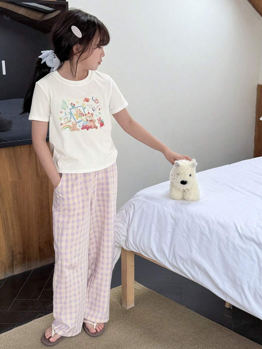 DAZY 2 件套女童秋装套装 - 印花圆领短袖上衣,春夏 - 紫色 - 查看 1