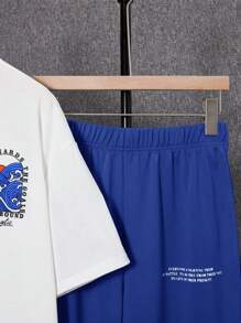 SHEIN Leap Crew 2Pcs Set Teen Boys Casual Short Sleeve T-Shirt And Long Pants Outfit, Street Punk Rock College Style, Suitable For Spring & Summer Seasons, Costume For Tween Boys, White And Green - Dusty Blue - View 11