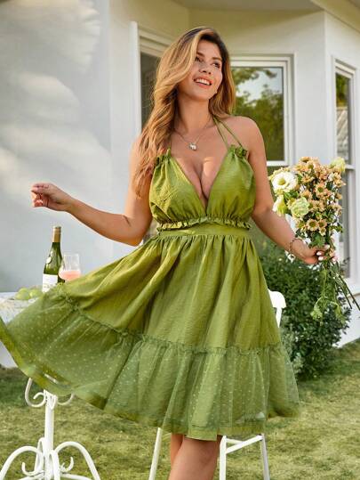 KURAYIA Vestido de vacaciones con cuello halter, volantes y personalizado, de moda elegante y casual para mujer de talla grande en color verde, adecuado para citas, reuniones, viajes al trabajo, salidas diarias, Día de San Patricio y talla grande, atuendo para té, vestido de Pascua, atuendos de playa, vestido de sol, primavera, estilo bohemio