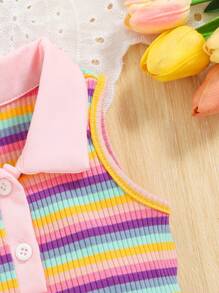 SHEIN Baby Girl Colorful Striped Polo Collar Sleeveless Top, Spring & Summer - Multicolor - View 7