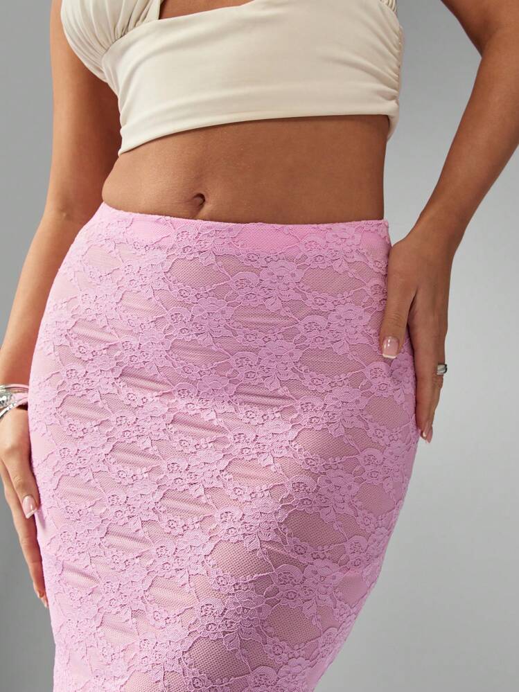 MISSGUIDED Luxury Maxi Lace Skirt Evening Party Wedding Occasion Full Length Form-Fitting Pink Summer Formal Elegant High Waist Side Cut-Out Detail Bridesmaid Dress - Dusty Pink - View 4