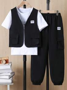 3 件套 Tween Boy 休闲 3D 口袋背心、印花字母 T 恤和裤子套装