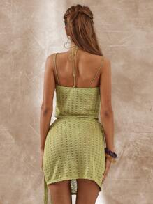 Musera Resort Textured Thin Strap Cami Top Boho Ibiza Cute Sexy Vacation Summer Beach Swimwear Cover Up - Green - View 3