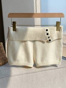 Comfortcana Women's Summer Button Decor Low Waist Folded Knit Shorts In Fall/Winter