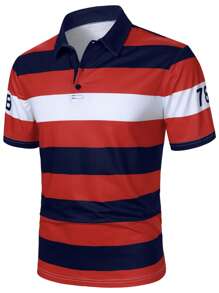 Manfinity Mode Men's Striped Numeric Casual Short Sleeve Polo Shirt - Multicolor - View 1
