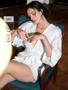 Uhlyne Satin Collared V-hals Lantern Sleeve Belted Elegant Romper - Vitt - Visa 2