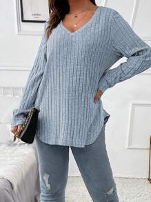 EMERY ROSE 大码纯色 V 领罗纹长袖 T 恤