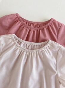 Loomiva 4 件套女婴套装：纯色圆领泡泡袖上衣和松紧腰短裤 - 彩色 - 查看 6