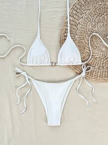 新款女士海滩夏季服装：纯色吊带背心，配珍珠纽扣和领带，系带侧泳裤，简约比基尼套装