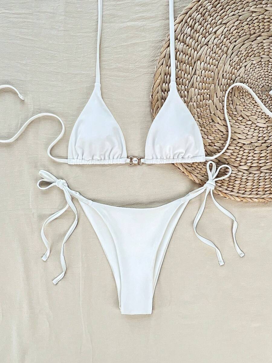 新款女士海滩夏季服装：纯色吊带背心，配珍珠纽扣和领带，系带侧泳裤，简约比基尼套装