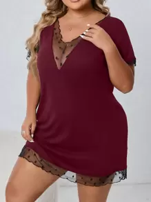 SHEIN Váy ngủ tay ngắn ren chấm bi gợi cảm cho nữ cỡ lớn - Màu Đỏ Sâu - Xem 4