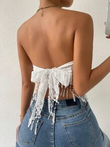 SHEIN PETITE Top corto cruzado con flecos en el bajo - Blanco - Ver 2