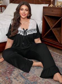 Trezura 法式宫廷风格复古网眼蕾丝拼布柔软亲肤黑色针织面料大码女士舒适睡衣睡衣套装带短袖衬衫和裤子