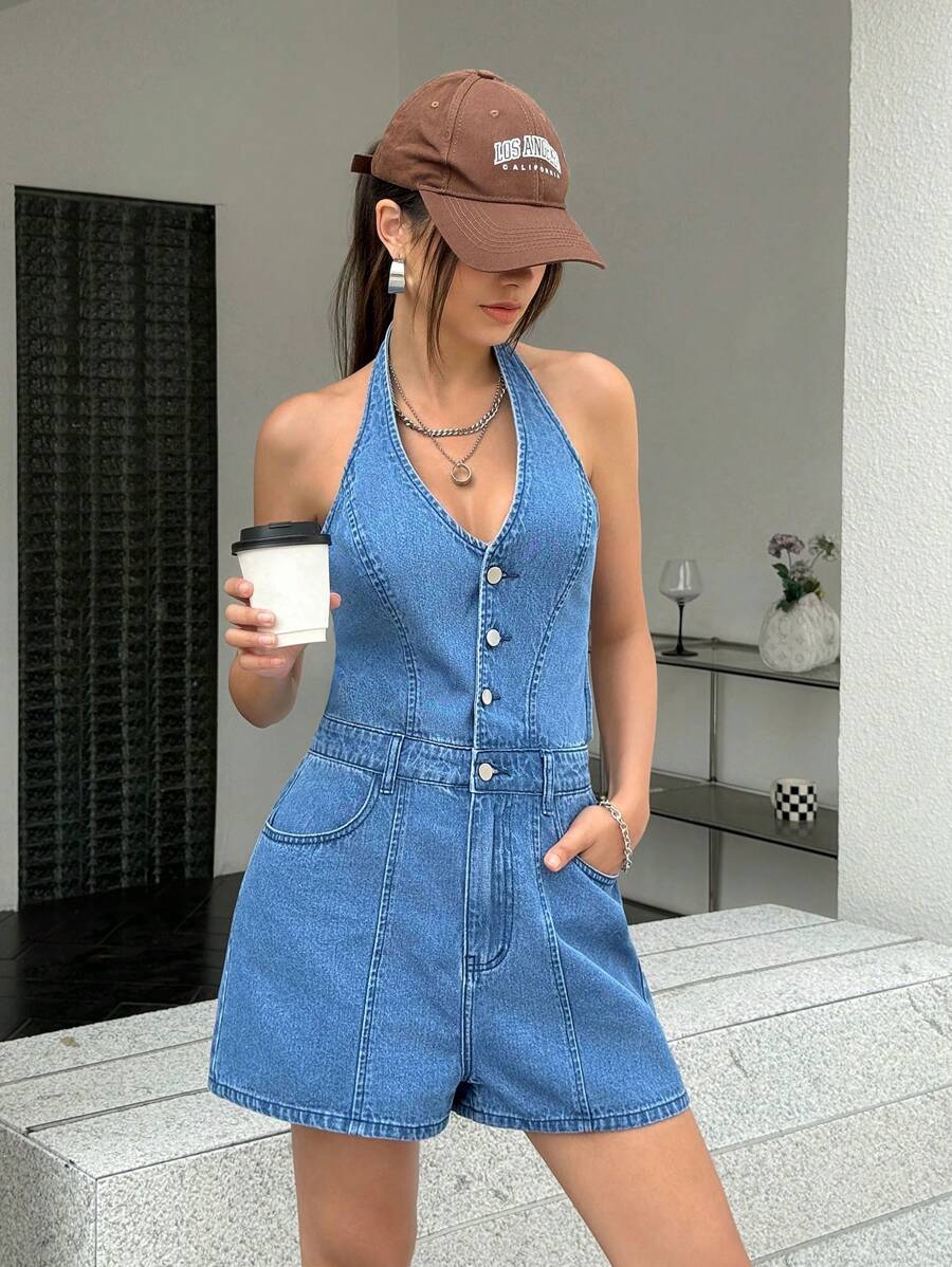 SHEIN EZwear جمبسوت مشد نسائية كاجوال مصنوعة من الجينز، تصميم بسيط مناسب للصيف - الأزرق - مشاهدة 1
