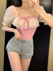 DAZY 情人节荷叶边撞色拼接修身抽绳女式衬衫 夏季情人节 - 粉色 - 查看 7