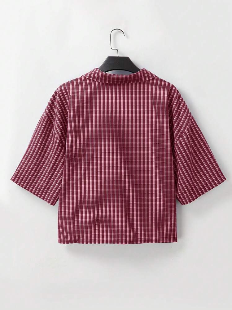 SHEIN Manfinity Dauomo Camisa Cropped Casual de Verão Xadrez Masculina - Vermelho - Visão 2