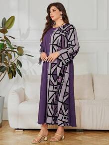 SHEIN Lacomfia Vestito con stampa geometrica a blocchi di colore e maniche lunghe, taglie comode