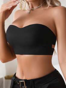 1 件无缝、无线、可拆卸垫、前开合休闲舒适女式抹胸 - 黑色 - 查看 3