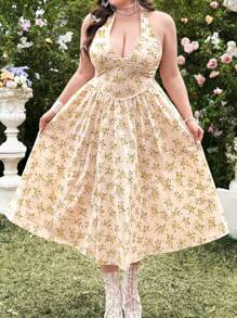 Lyrianda Plus Size Halter Hals Casual Zomerjurk