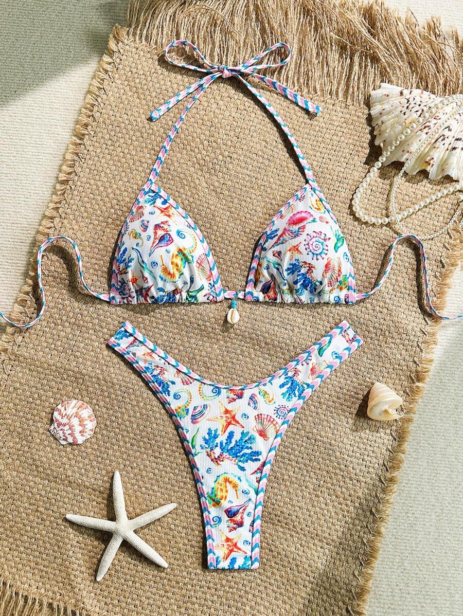 Swim Mod 2pcs Beach Summer Outfit For Women, Random Print & Ribbed Texture Fabric Tank Top And High Cut Bohemian Bikini Bottoms - Multicolor - View 1