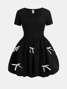 Tween Girls Fitted Casual Contrast Color Bow Decor Short Sleeve Flare Dress - Black and White - View 2