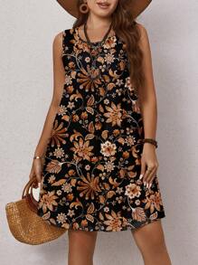 EMERY ROSE 大码女式休闲花卉印花无袖圆领直筒连衣裙，适合夏季 - 棕色 - 查看 6