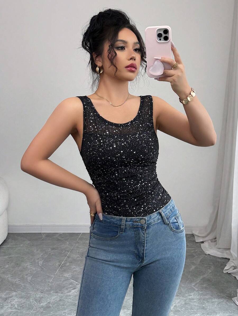 Elenzga Women's Shiny Print Round Neck Fitted Pleated Tank Top - Black - View 1