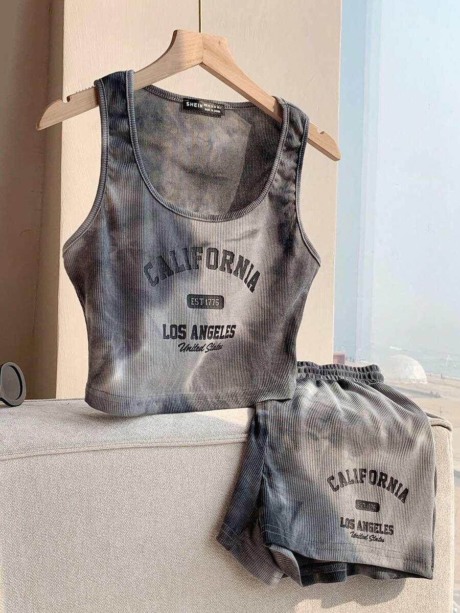 Comfortcana Women 2pcs/Set Letter Print Tie-Dye Cropped Tank Top And Shorts,Summer Sets - Black - View 1