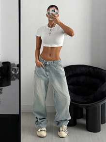 SHEIN ICON 女式休闲水洗低腰宽松牛仔裤 - 淺色水洗藍 - 查看 2