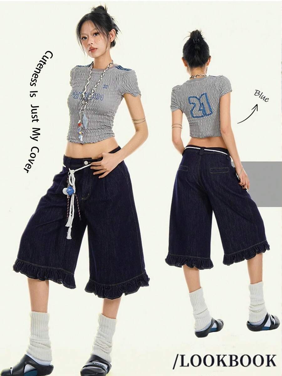 FRIFUL Women Denim Ruffle Trim Straight Leg Shorts Denim Shorts - Dark Wash - View 1