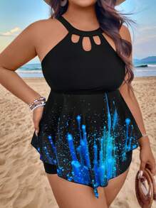 Swim Lushoire Plus Size Women 2pcs Localized Printed Adjustable Strap Top And Shorts Bikini Set For Summer Beach Vacation