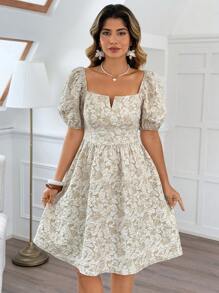 Flirla Plus Size Women French Style Jacquard Square Neck Puff Sleeve A-Line Dress