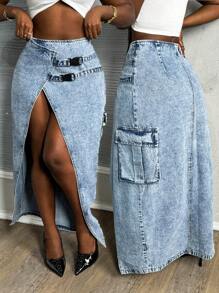 Slaydiva Women's Denim Skirt Sexy Fit Side Slit Work Pocket Skirt Blue Gyaru Concert Women Rave Festival Summer For Women Y2k Summer Concert