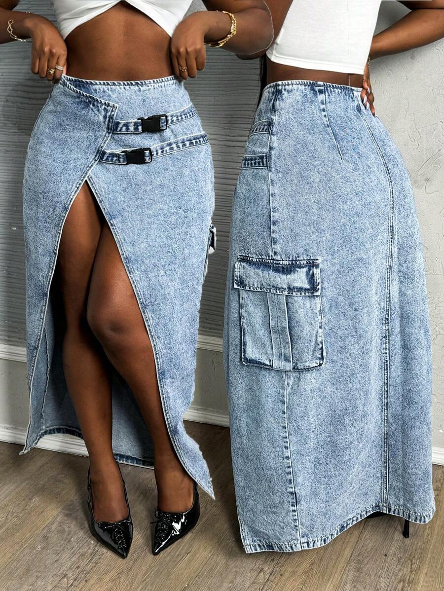 Slaydiva Women's Denim Skirt Sexy Fit Side Slit Work Pocket Skirt Blue Gyaru Concert Women Rave Festival Summer For Women Y2k Summer Concert