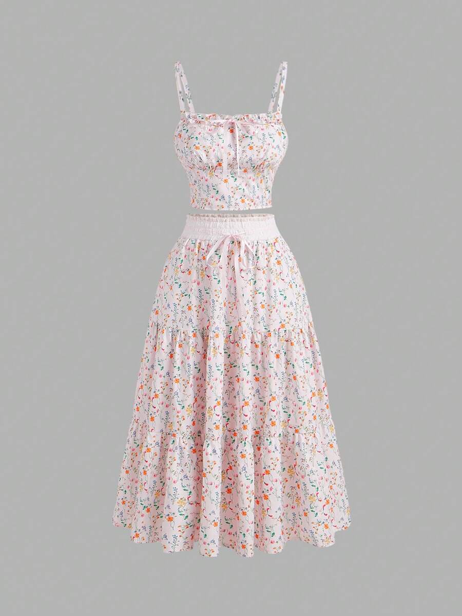 SHEIN MOD 复古花卉两件套搭配荷叶边吊带背心和花卉中长裙，优雅两件套，浪漫两件套，度假两件套，情节人物服装女士长裙女士优雅晚礼服 - 淺粉色 - 查看 1