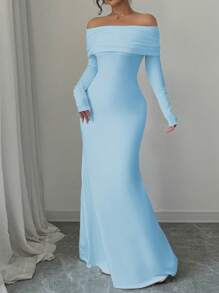 Rafferiza Sexy Elegant Fitted Long Sleeve Cinched Waist Double Layer Off-Shoulder Backless Twist Fishtail Hem Ribbed Knit Dress, White, Autumn/Winter Maxi Women Outfit - Baby Blue - View 5