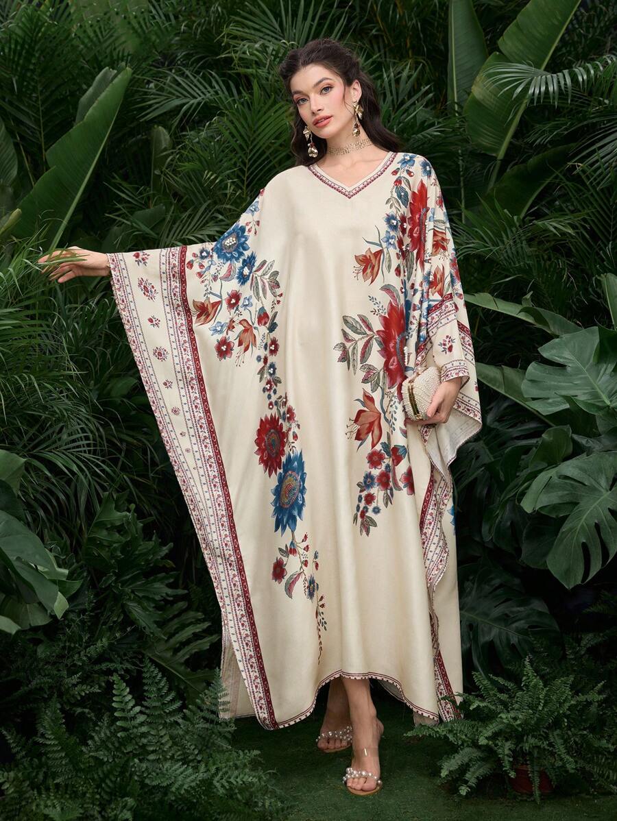 Al Najma Elegant Conservative Heavy Pearl Embellished Arabic Style Dress For Women - Apricot - View 1