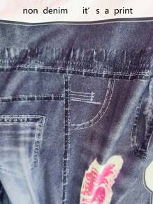 SHEIN Baby Girl Fashion Minimalist Puff Sleeve Long Sleeve Slogan Print Sweatshirt Top And Denim-Effect Print Pants Casual Set, Autumn - Pink - View 8