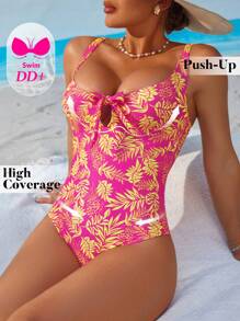 SHEIN DD+ 1pc Women's Tropical Plant Print Bowknot Decor V-Neck Wide Strap Monokini Swimsuit - Multicolor - View 5