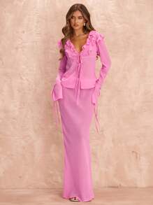 SHEIN BAE 2pcs/Set Women's Elegant Ruffled Tie Front Long Sleeve Chiffon Blouse And Extra Long Skirt, Suitable For Valentine's Day, Party, Romantic Date, Bridesmaid, Ball Gown, Office Commute, Pink Chiffon, Beach Vacation - Pink - View 1