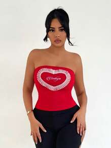 SHEIN SXY Summer Valentine's Day Sexy Heart Shaped Ribbon Embroidered Letter Camisole Top - Red - View 4