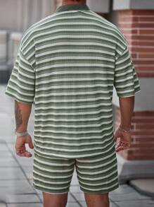 Manfinity RSRT Manfinity Nomadique Men's Contrast Striped Single Breasted Short Sleeve Shirt Drawstring Shorts Set