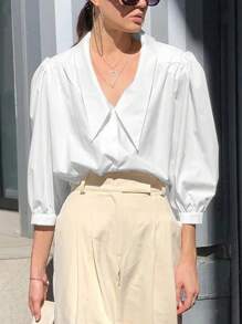 Women's Plain Puff Sleeve Loose Casual Shirt Fall Cloth For Women - White - View 1