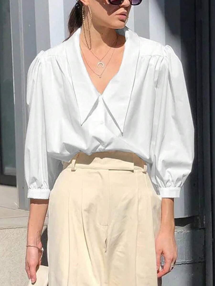 Women's Plain Puff Sleeve Loose Casual Shirt Fall Cloth For Women - White - View 1