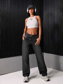 EURMUSE Grey HIGH WAIST STRAIGHT LEG JEAN CROSSOVER WAISTBAND Everyday Traveling Summer Casual - Black - View 1