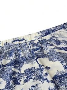 SHEIN CURVE+ 大码女式山水画印花面料松紧腰中长裙，适合春夏季、日常工作和度假穿着 - 彩色 - 查看 5