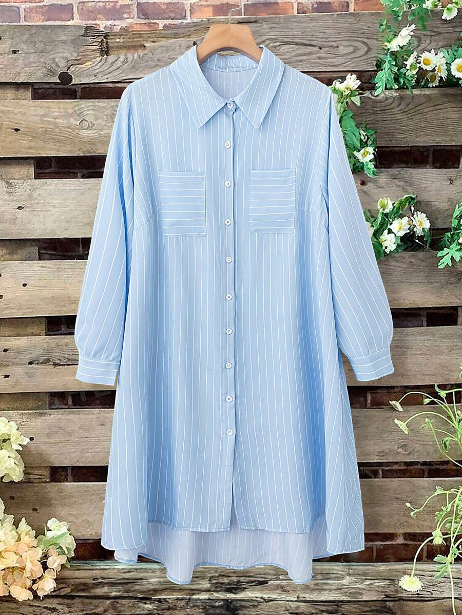 Linhara Vestido Camisa Casual Listrado com Bolso Plus Size Feminino - Azul - Visão 1
