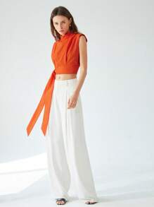 Aveloria Modichic 法式优雅高端时尚迷人立领不对称褶皱设计收腰无袖短款女式衬衫 - 橘色 - 查看 4